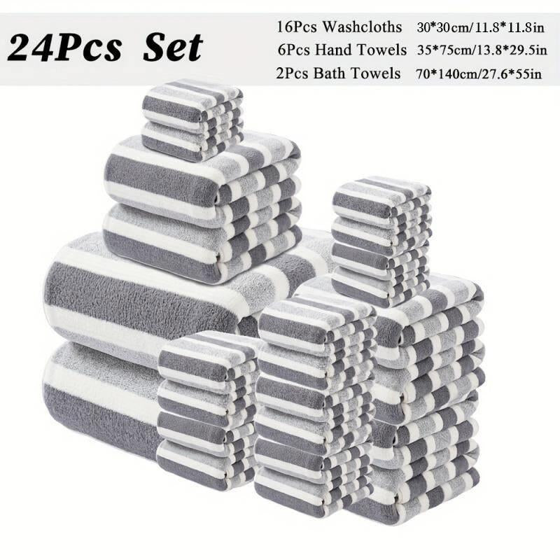 24-Piece Bath Towel Set, Including 16 Square Towels + 6 Hand Towels + 2 Bath Towels, Microfiber Material, Solid Color Towel, Multiple Colors Optional, Soft and Comfortable, Good Water Absorption, Suitable for Gyms, Bathroom Showers, Super Absorbent Towel