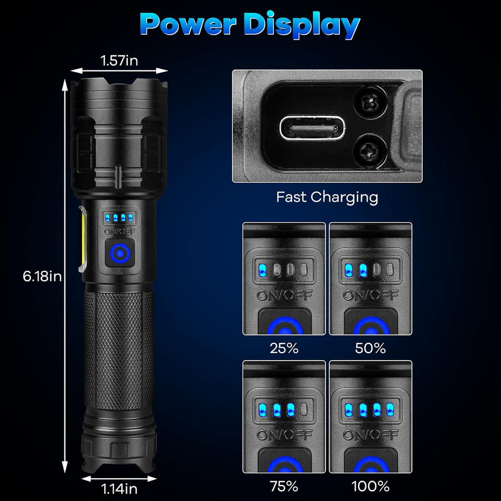 Ultra Bright Rechargeable Flashlights - 90,000 Lumens, 2 Pack with 7 Versatile Lighting Modes and IPX7 Waterproof Design for Outdoor Adventures