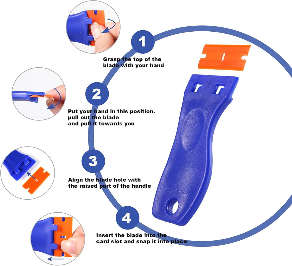 4-Piece Plastic Razor Blade Scraper Set with 120 Replacement Blades - Ultimate Cleaning Tool for Adhesives, Stickers, Decals, and More!