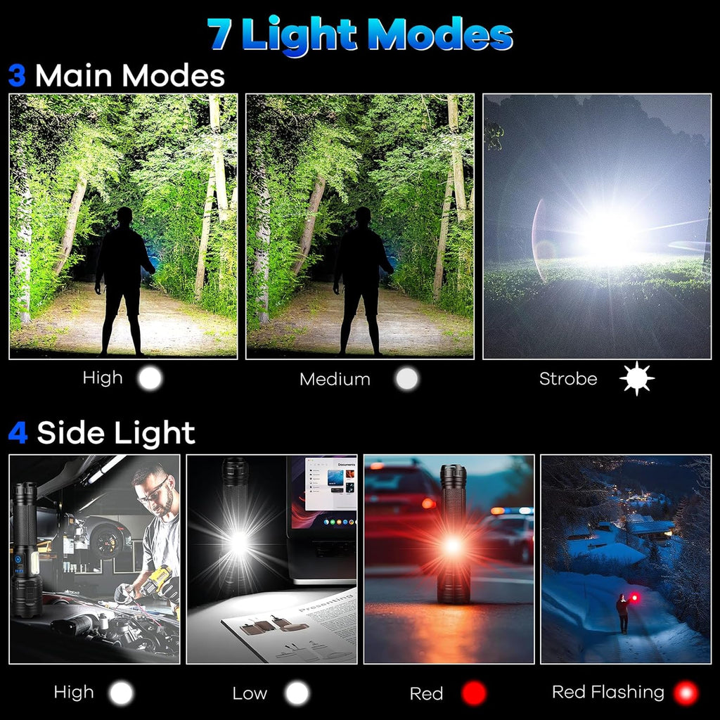 Ultra Bright Rechargeable Flashlights - 90,000 Lumens, 2 Pack with 7 Versatile Lighting Modes and IPX7 Waterproof Design for Outdoor Adventures