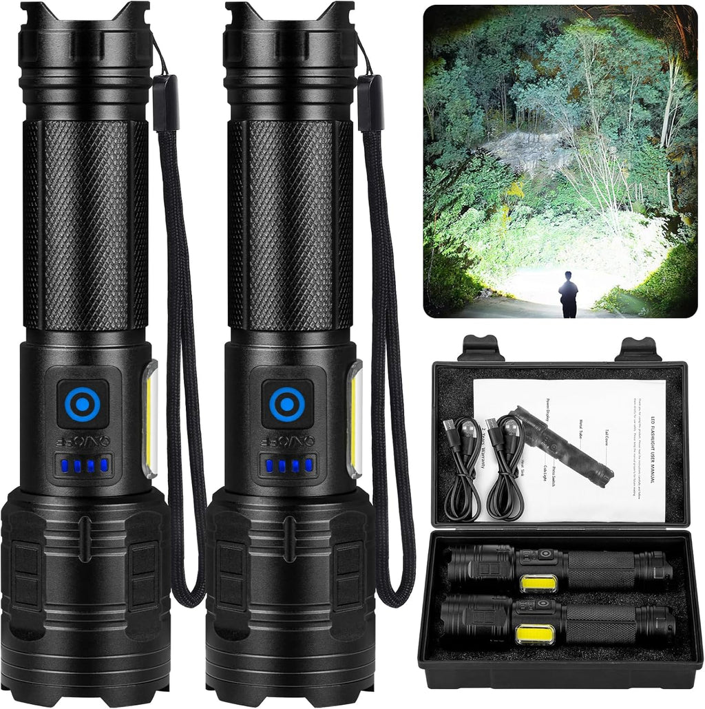 Ultra Bright Rechargeable Flashlights - 90,000 Lumens, 2 Pack with 7 Versatile Lighting Modes and IPX7 Waterproof Design for Outdoor Adventures