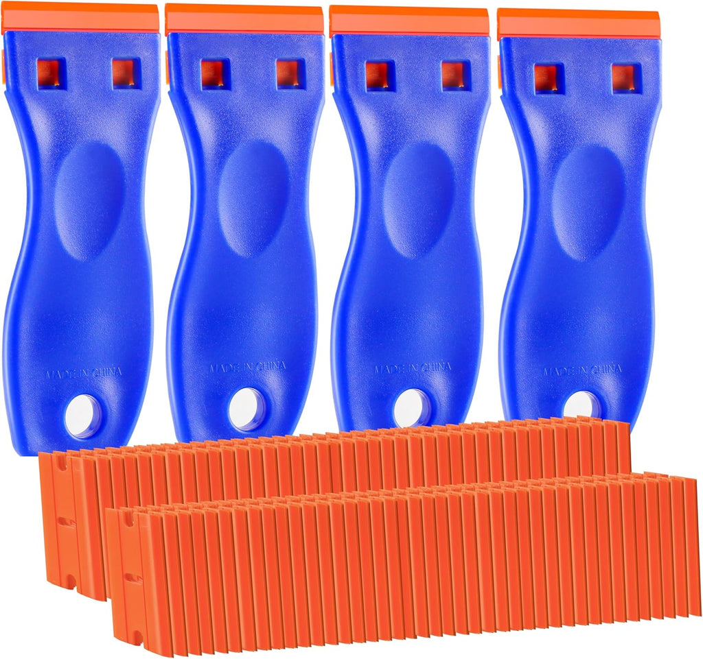 4-Piece Plastic Razor Blade Scraper Set with 120 Replacement Blades - Ultimate Cleaning Tool for Adhesives, Stickers, Decals, and More!