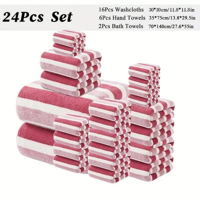 24-Piece Bath Towel Set, Including 16 Square Towels + 6 Hand Towels + 2 Bath Towels, Microfiber Material, Solid Color Towel, Multiple Colors Optional, Soft and Comfortable, Good Water Absorption, Suitable for Gyms, Bathroom Showers, Super Absorbent Towel