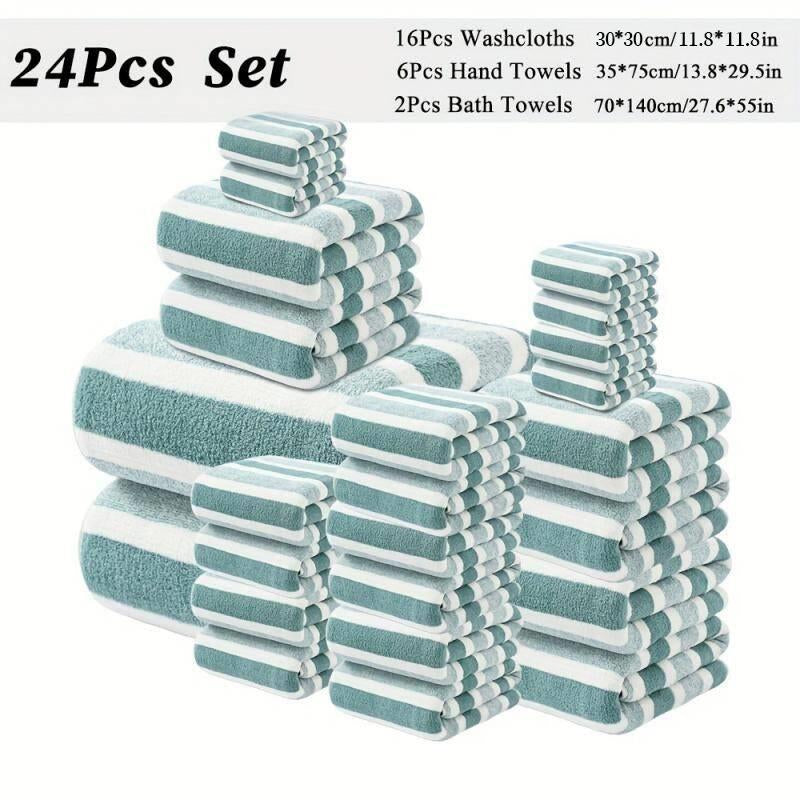 24-Piece Bath Towel Set, Including 16 Square Towels + 6 Hand Towels + 2 Bath Towels, Microfiber Material, Solid Color Towel, Multiple Colors Optional, Soft and Comfortable, Good Water Absorption, Suitable for Gyms, Bathroom Showers, Super Absorbent Towel