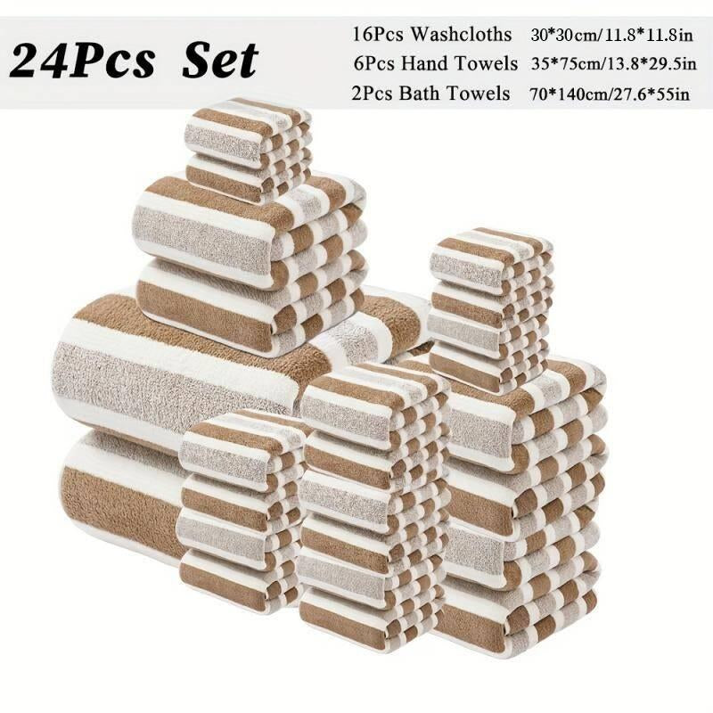 24-Piece Bath Towel Set, Including 16 Square Towels + 6 Hand Towels + 2 Bath Towels, Microfiber Material, Solid Color Towel, Multiple Colors Optional, Soft and Comfortable, Good Water Absorption, Suitable for Gyms, Bathroom Showers, Super Absorbent Towel